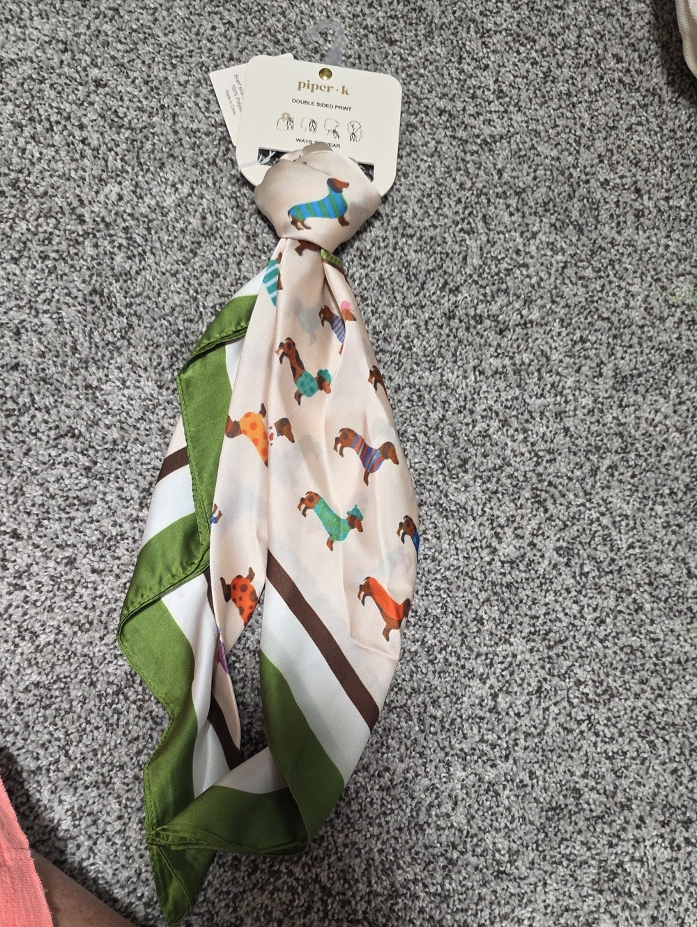 Piper Kids Cream Scarf with Colorful Dachshund Print and Green Border